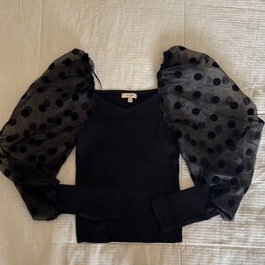 Flying Tomato Black Puff Sleeve Polka Dot Knit Top